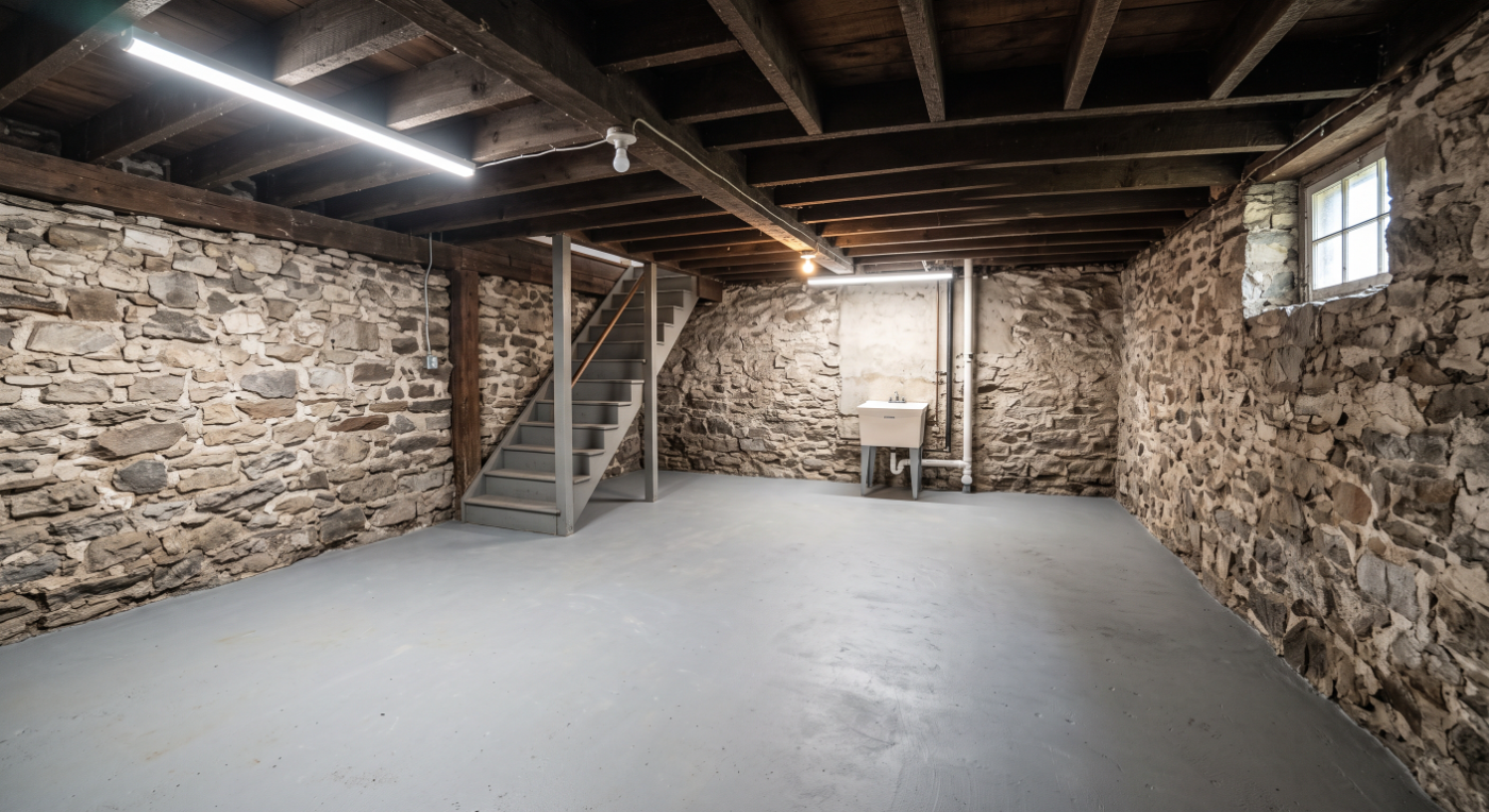 The same basement cleared to bare floor