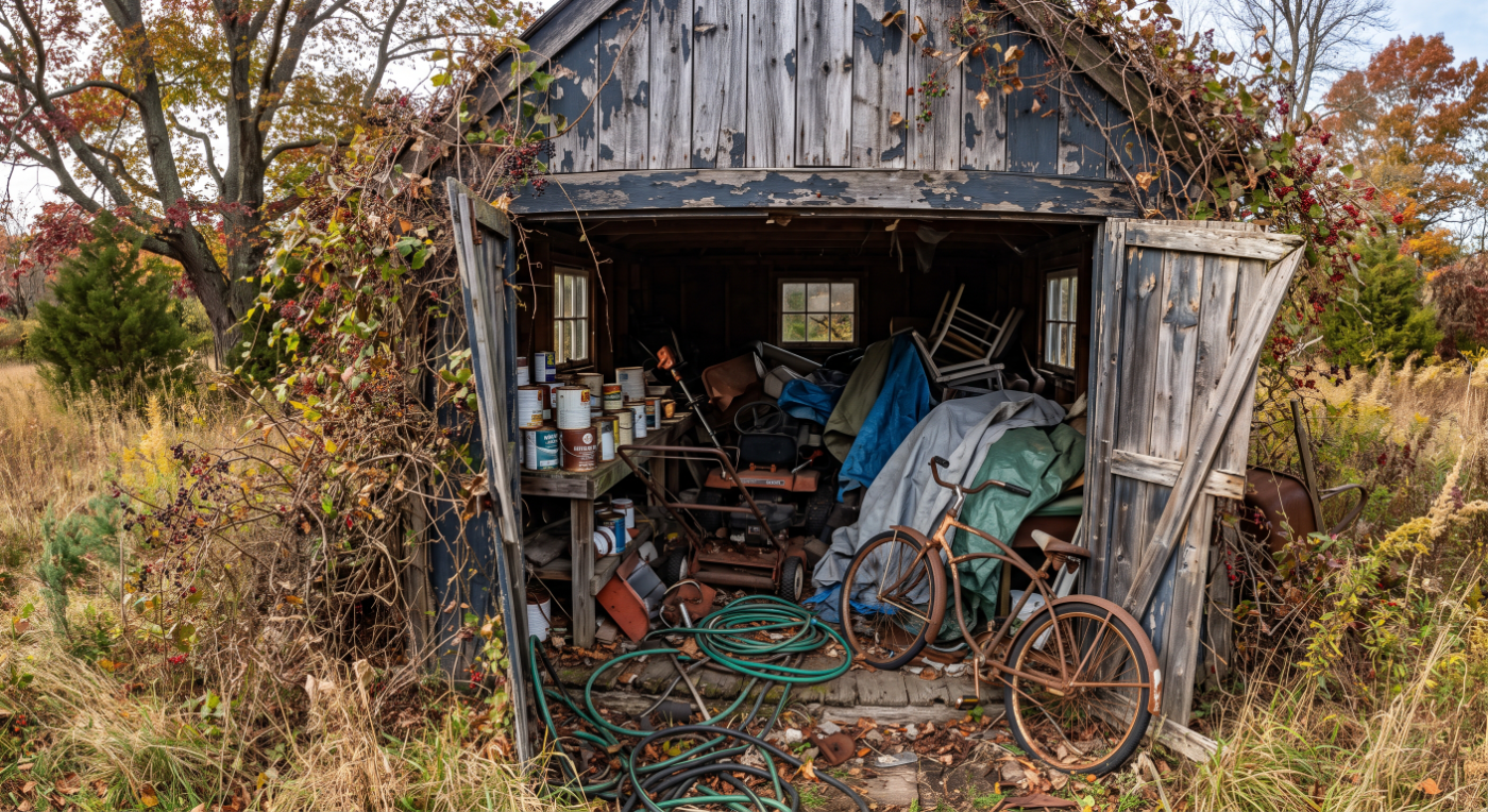 Collapsing shed packed with junk on a property